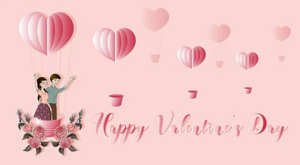 Glücklicher Valentinstag Mit Liebhaber Mit Rosa Rose Auf Herzförmigem Ballon — Stockvektor