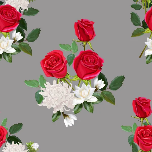 Цветок Красивый Букет Красными Розами Хризантемы Магнолии Бесшовные Векторные Картины — стоковый вектор