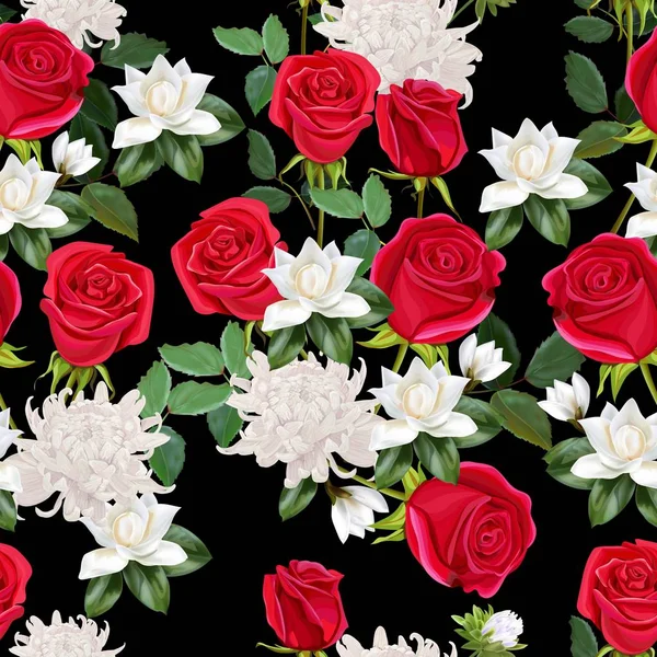 用红玫瑰 菊花和木兰花无缝图案的花束 — 图库矢量图片