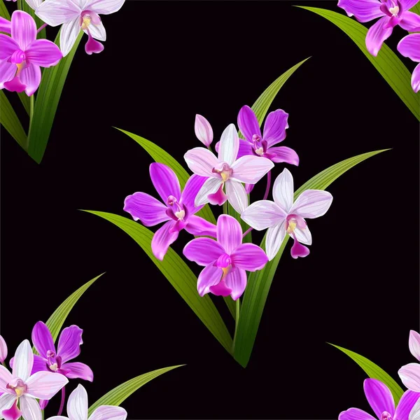 Pink Orchid Seamless Pattern Black Background Vector Illustration — 스톡 벡터