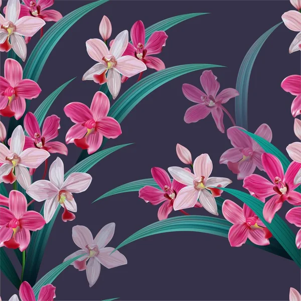 Patrón Inconsútil Orquídea Rosa Ilustración Del Vector Fondo Púrpura — Archivo Imágenes Vectoriales