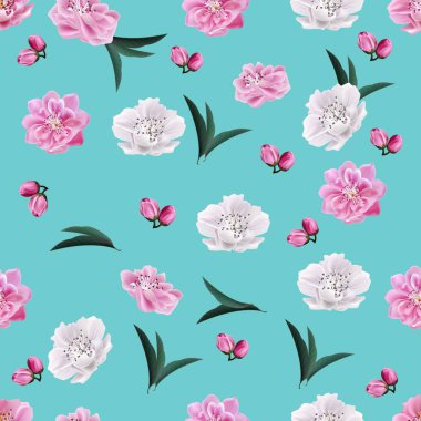 Yeşil arkaplanda kiraz çiçeği deseni var.