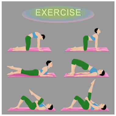 Gri arka planda egzersiz ve yoga yapan bir grup kadın.