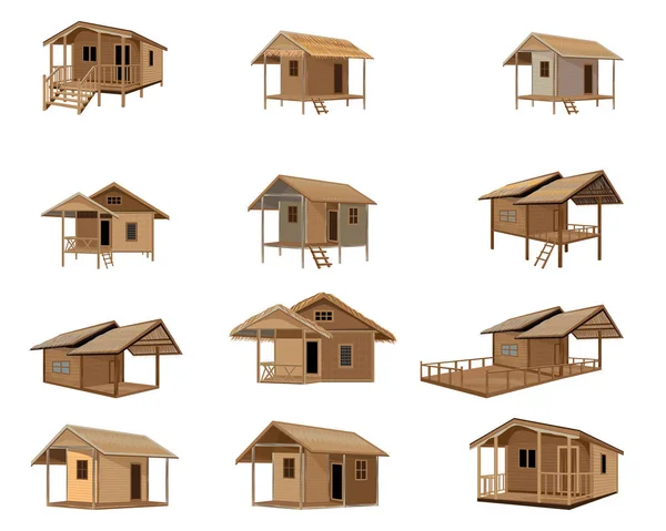白に隔離された木造住宅のセット — ストックベクタ