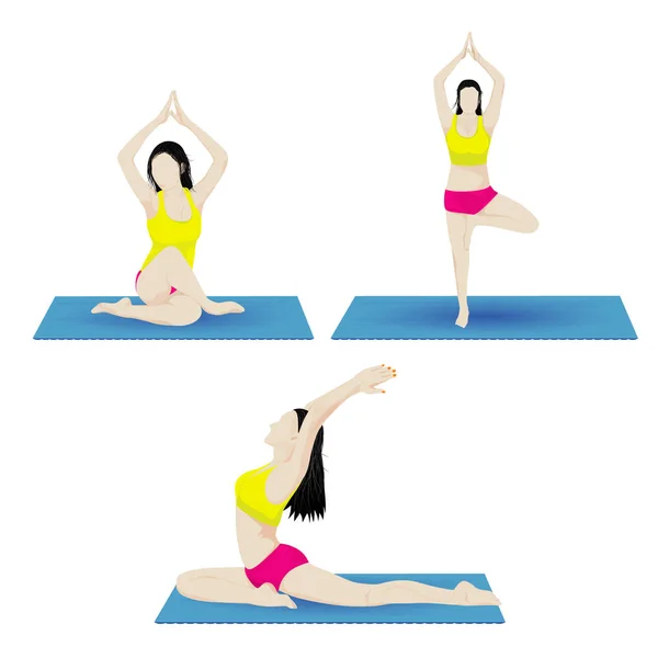 Conjunto Mujeres Haciendo Ejercicios Yoga Aislado Blanco — Vector de stock