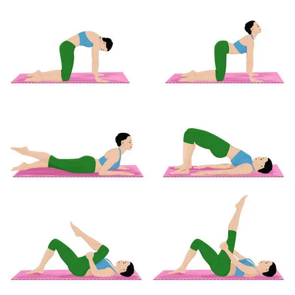 Set Van Vrouwen Doen Oefeningen Yoga Geïsoleerd Wit — Stockvector