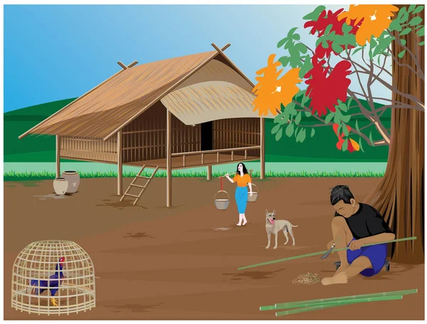 Agriculteur Asiatique Coupe Bambou Dans Village — Image vectorielle