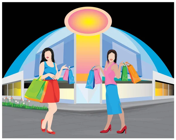 Frauen Halten Einkaufstüten Der Nähe Von Einkaufszentrum — Stockvektor