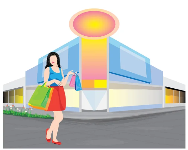 Kobieta Trzyma Torby Zakupy Pobliżu Centrum Handlowego — Wektor stockowy