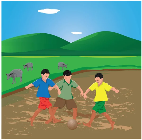 Kids Playing Football Mud Yard — Stock vektor