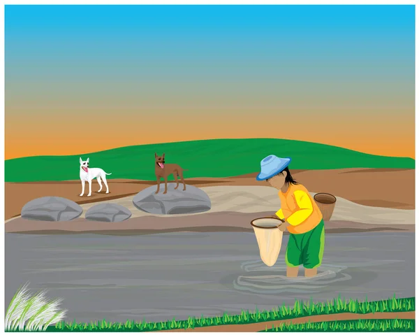 Mujer Que Trabaja Campo Recogiendo Algo Del Río — Vector de stock