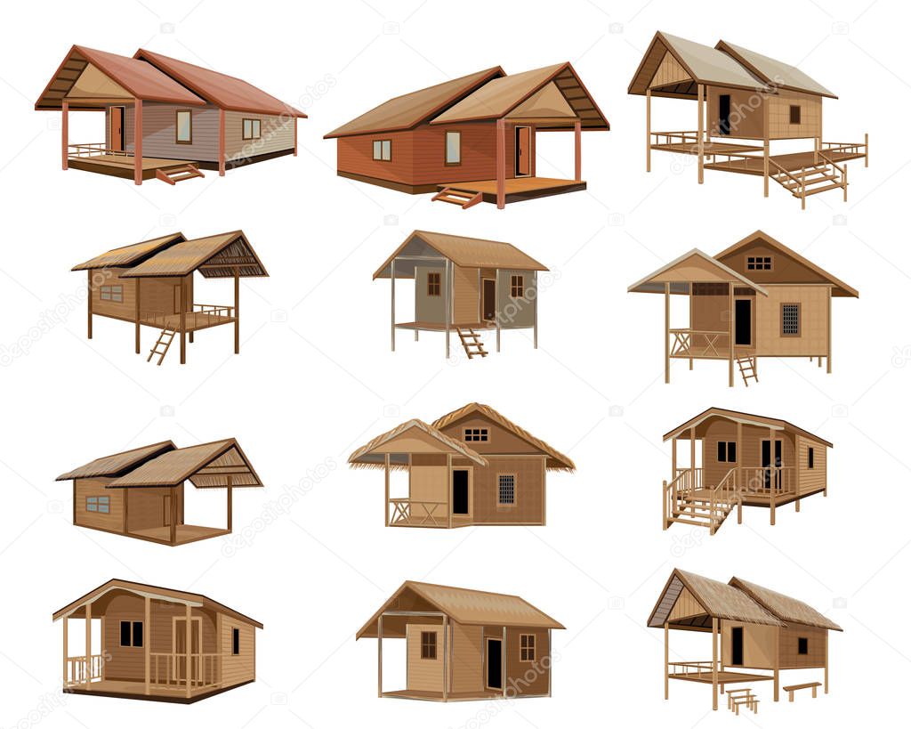 set of wooden houses construction isolated on white