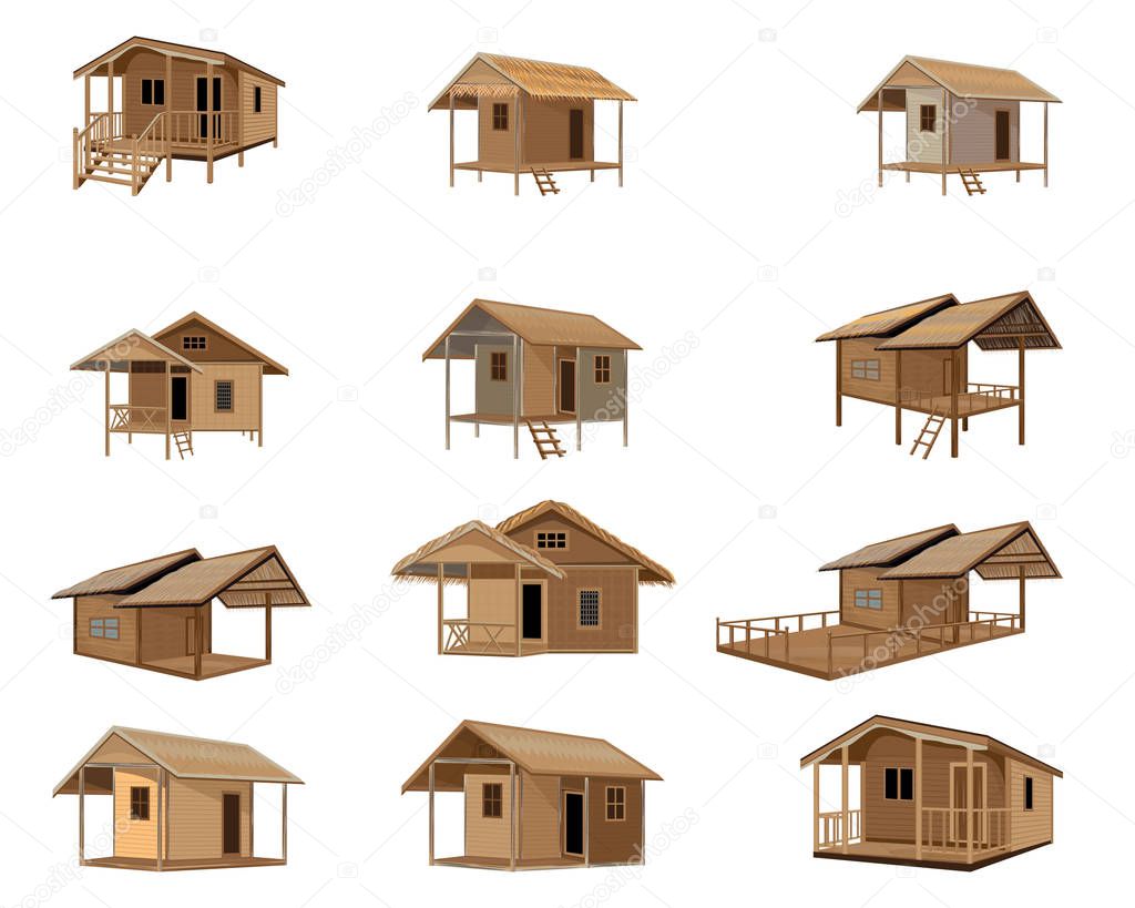 set of wooden houses construction isolated on white