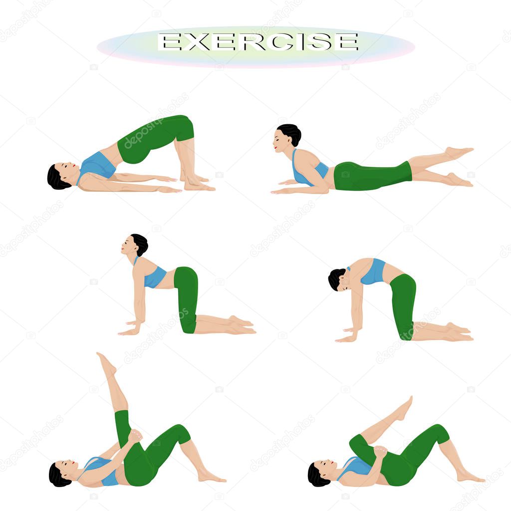 set of women doing exercises and yoga isolated on white