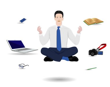 İş adamı dizüstü bilgisayarla yerde oturuyor ve meditasyon yapıyor.
