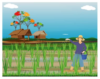 Tarlada bir çiftçiyle bir çiftliğin çizimi