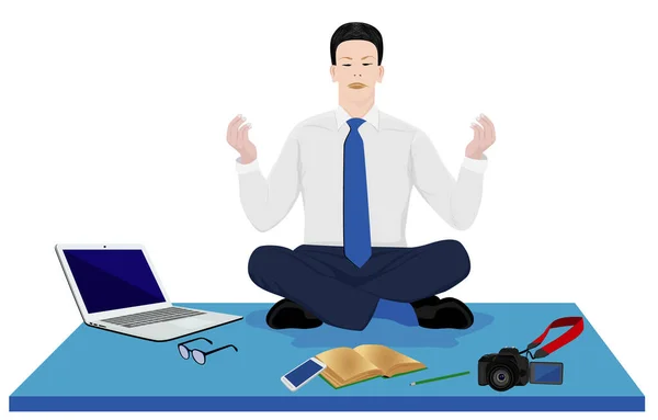 ノートパソコンを持って床に座って瞑想しているビジネスマンは — ストックベクタ