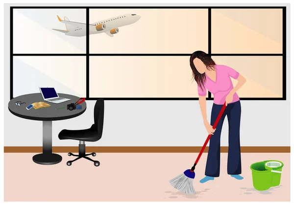 Ilustração Vetorial Uma Mulher Limpando Casa — Vetor de Stock