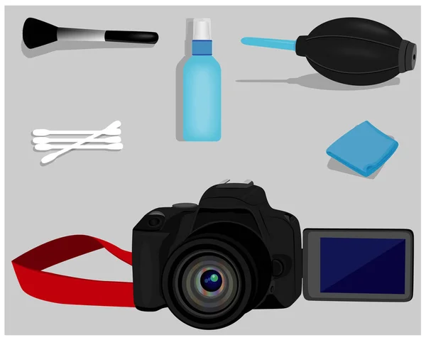 Σύνολο Διανυσματικών Αντικειμένων Για Τον Καθαρισμό Φωτογραφικών Μηχανών — Διανυσματικό Αρχείο