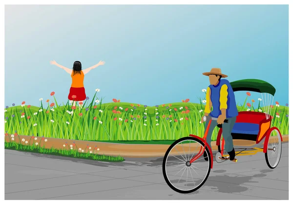 Illustration Une Jeune Fille Debout Dans Herbe Homme Vélo Avec — Image vectorielle