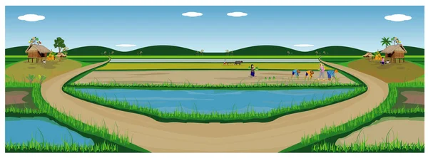 Illustration Einer Landschaft Mit Fluss Und Feldern — Stockvektor