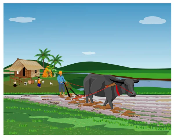 Ilustración Una Escena Agrícola Con Toro — Vector de stock