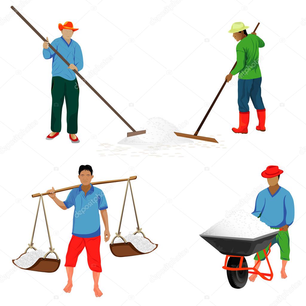 vector illustration of a set of cartoon people with tools for gathering salt 