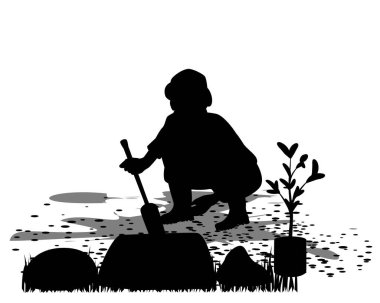 Tarlada küreği olan bir adamın vektör silueti.