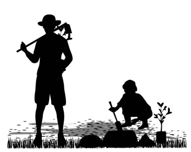 Kürek ve vektör illüstrasyonlu bir kadın ve erkeğin vektör silueti. 