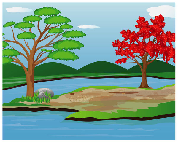 иллюстрация пруда с деревьями
