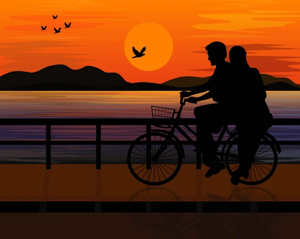 Silhueta Homem Uma Mulher Pôr Sol Andando Bicicleta Ilustração Vetorial — Vetor de Stock