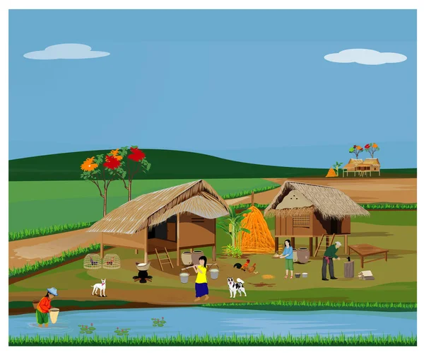 Scène Agricole Avec Des Personnes Des Animaux Sur Terrain Illustration — Image vectorielle