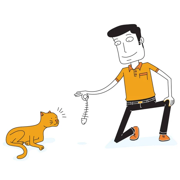 El hombre le da un pez a un gato hambriento — Vector de stock