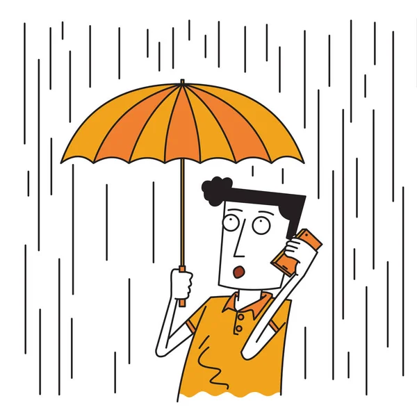 Chiamando Uomo Sotto Pioggia Sotto Ombrello — Vettoriale Stock