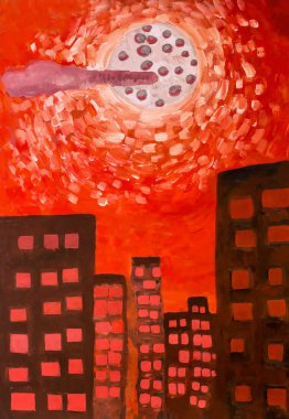 The moon over the city in red colors