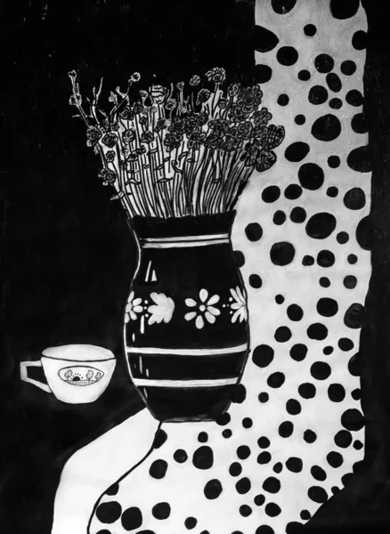 Cup of coffee vase with flowers.