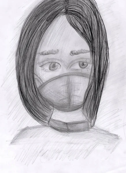 Maskeli kalem kızla el çizimi.