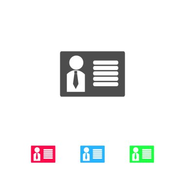 Kimlik kartı simgesi düz. Beyaz arkaplanda renkli resim. Vektör illüstrasyon sembolü ve bonus simgeleri