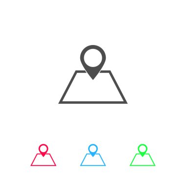 Harita simgesini düzleştir. Beyaz arkaplanda renkli resim. Vektör illüstrasyon sembolü ve bonus simgeleri