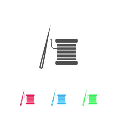 İplik makarası ve iğne simgesi düz. Beyaz arkaplanda renkli resim. Vektör illüstrasyon sembolü ve bonus simgeleri