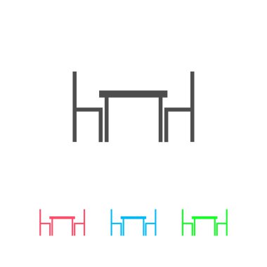 Sandalye ikonlu bir masa. Beyaz arkaplanda renkli resim. Vektör illüstrasyon sembolü ve bonus simgeleri