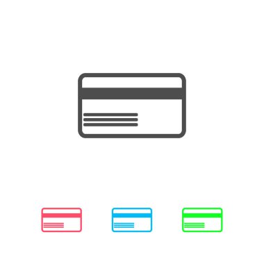 Kredi kartı simgesi düz. Beyaz arkaplanda renkli resim. Vektör illüstrasyon sembolü ve bonus simgeleri