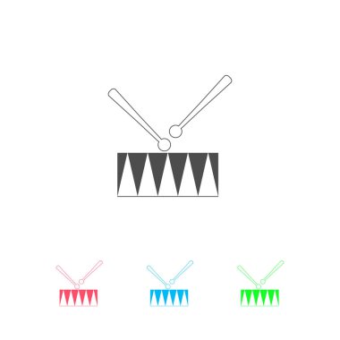 Davul simgesi düz. Beyaz arkaplanda renkli resim. Vektör illüstrasyon sembolü ve bonus simgeleri