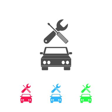 Araba servisi simgesi düz. Beyaz arkaplanda renkli resim. Vektör illüstrasyon sembolü ve bonus simgeleri