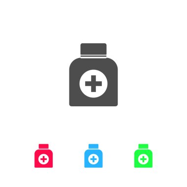 İlaç şişesi simgesi düz. Beyaz arkaplanda renkli resim. Vektör illüstrasyon sembolü ve bonus simgeleri