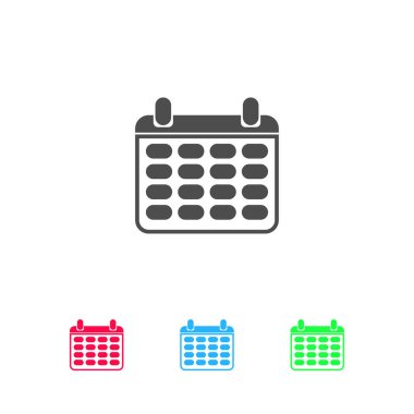 Takvim simgesi düz. Beyaz arkaplanda renkli resim. Vektör illüstrasyon sembolü ve bonus simgeleri