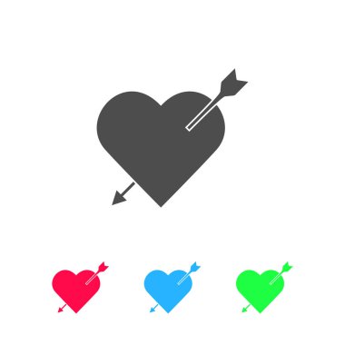 Ok ikonlu kalp düz. Beyaz arkaplanda renkli resim. Vektör illüstrasyon sembolü ve bonus simgeleri