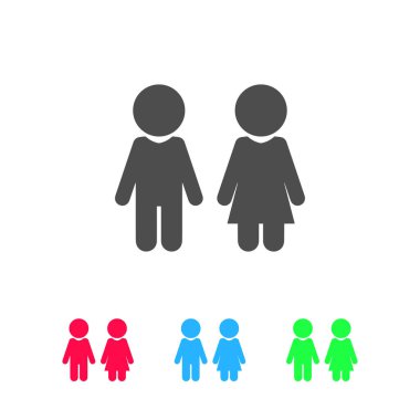 Kız ve erkek ikonu düz. Beyaz arkaplanda renkli resim. Vektör illüstrasyon sembolü ve bonus simgeleri