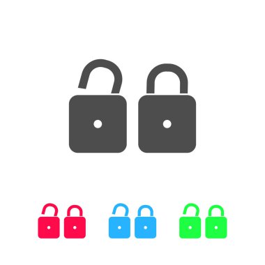 Kilit simgesi düz. Beyaz arkaplanda renkli resim. Vektör illüstrasyon sembolü ve bonus simgeleri