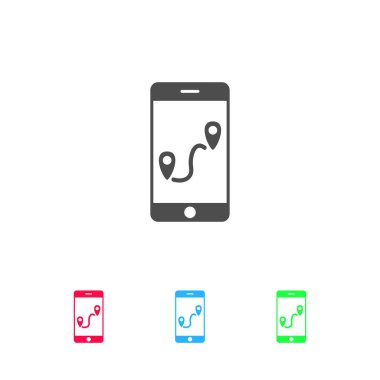 GPS telefon simgesi düz. Beyaz arkaplanda renkli resim. Vektör illüstrasyon sembolü ve bonus simgeleri